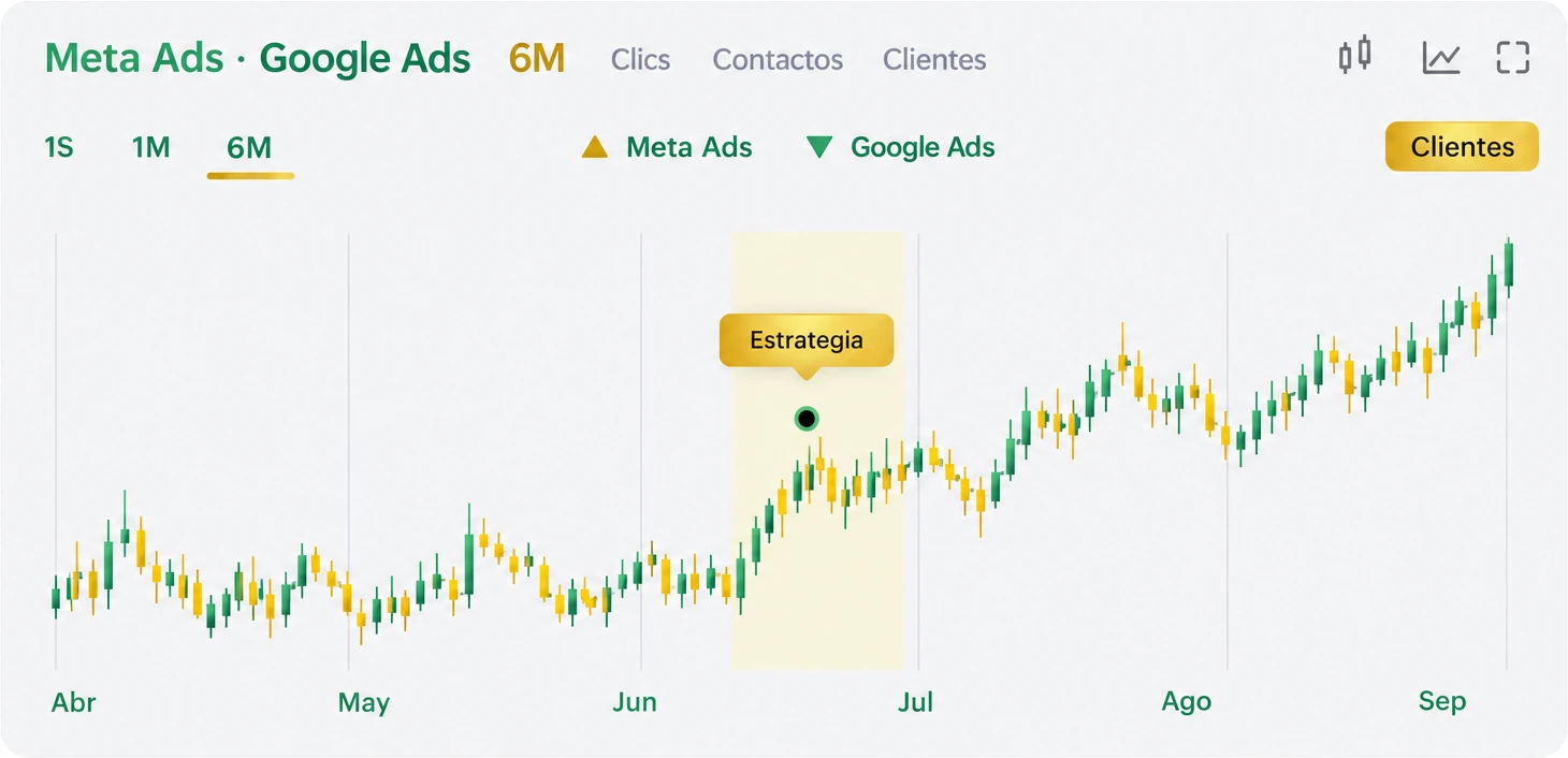 Gráfica de velas de Meta Ads y Google Ads de abril a septiembre: tramo bajo e irregular hasta junio, franja «Estrategia» entre junio y julio y subida sostenida hasta septiembre